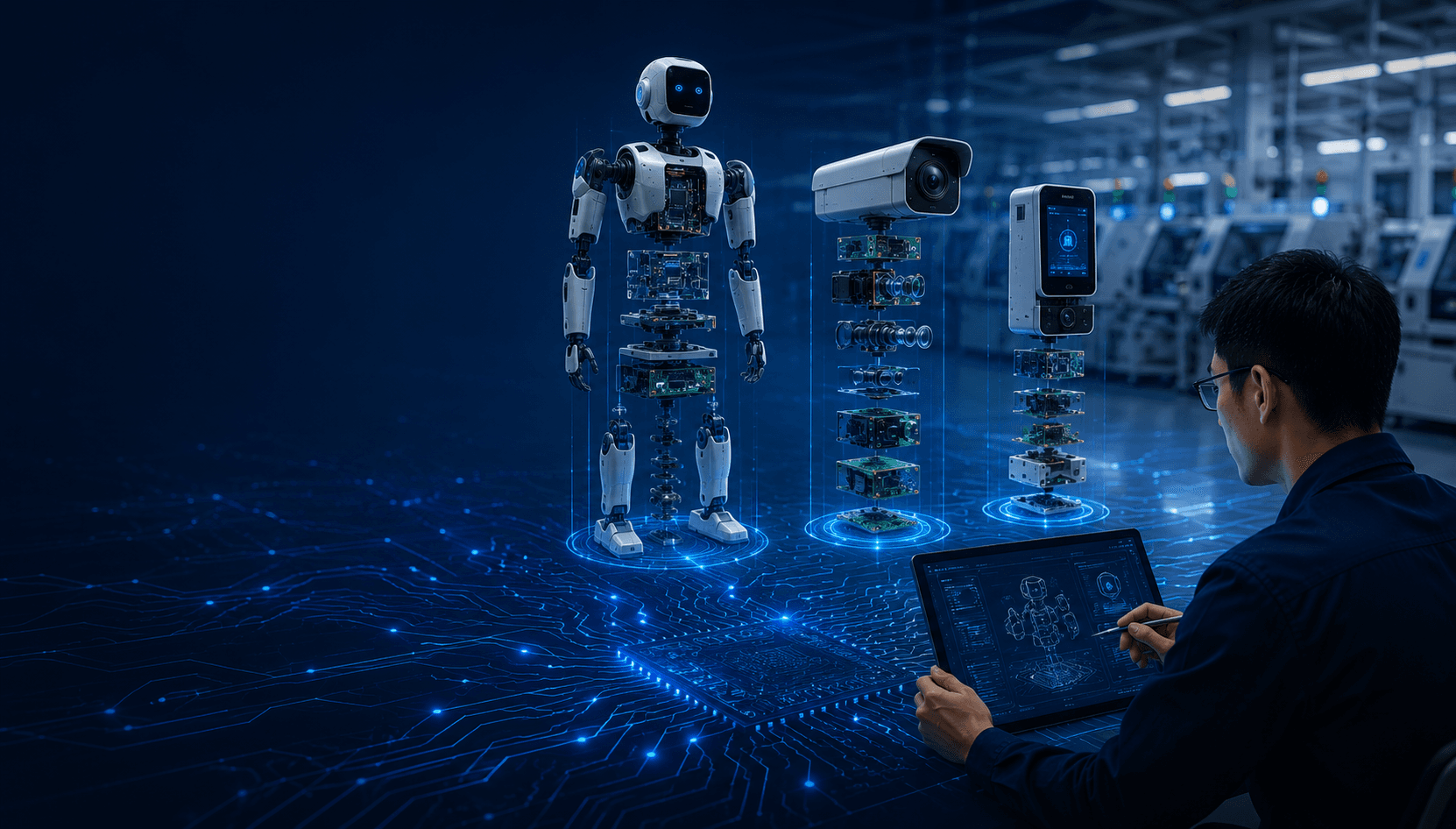 工程师查看 AI 机器人、工业设备和智能硬件 3D 模型，背景为发光 PCB 线路与虚化 SMT 产线