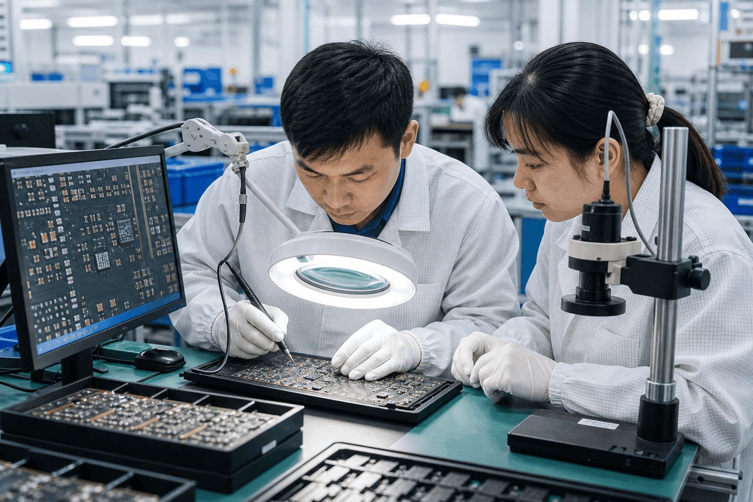 image-placeholder-1: 精密电子制造车间，技术人员在检测 PCB 板卡，工业场景摄影