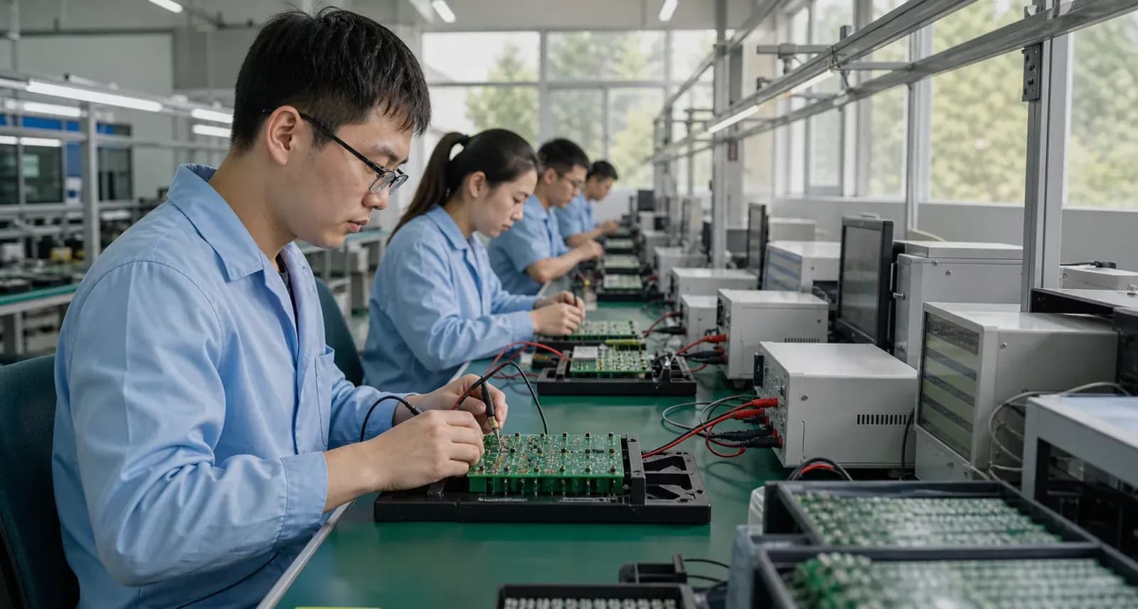 image-placeholder-1: PCB生产车间内，数名技术人员在检测线上逐板核验电气特性，日光透射的线性工作台