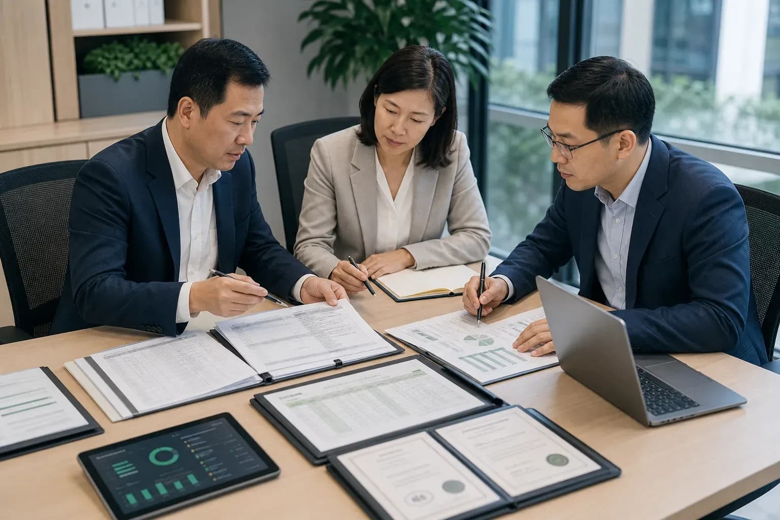 image-placeholder-1: Professional procurement team reviewing certification documents and supplier credentials at a modern conference table with laptops and compliance paperwork