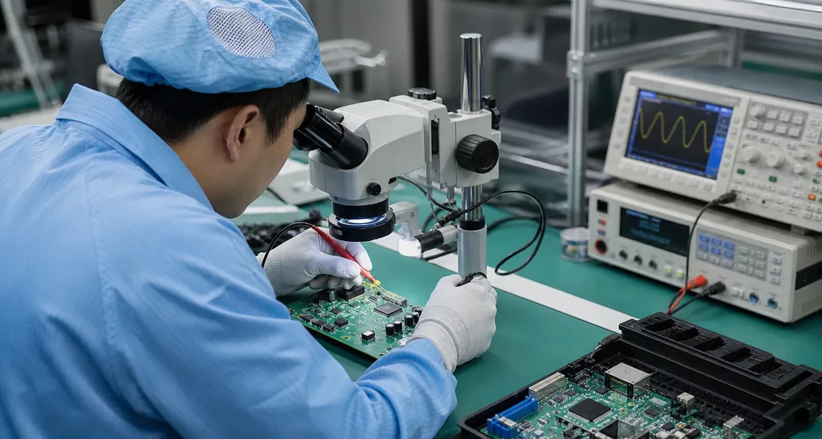 image-placeholder-2: 质检工作台,工程师检测 PCB 板卡,显微镜和测试仪器可见