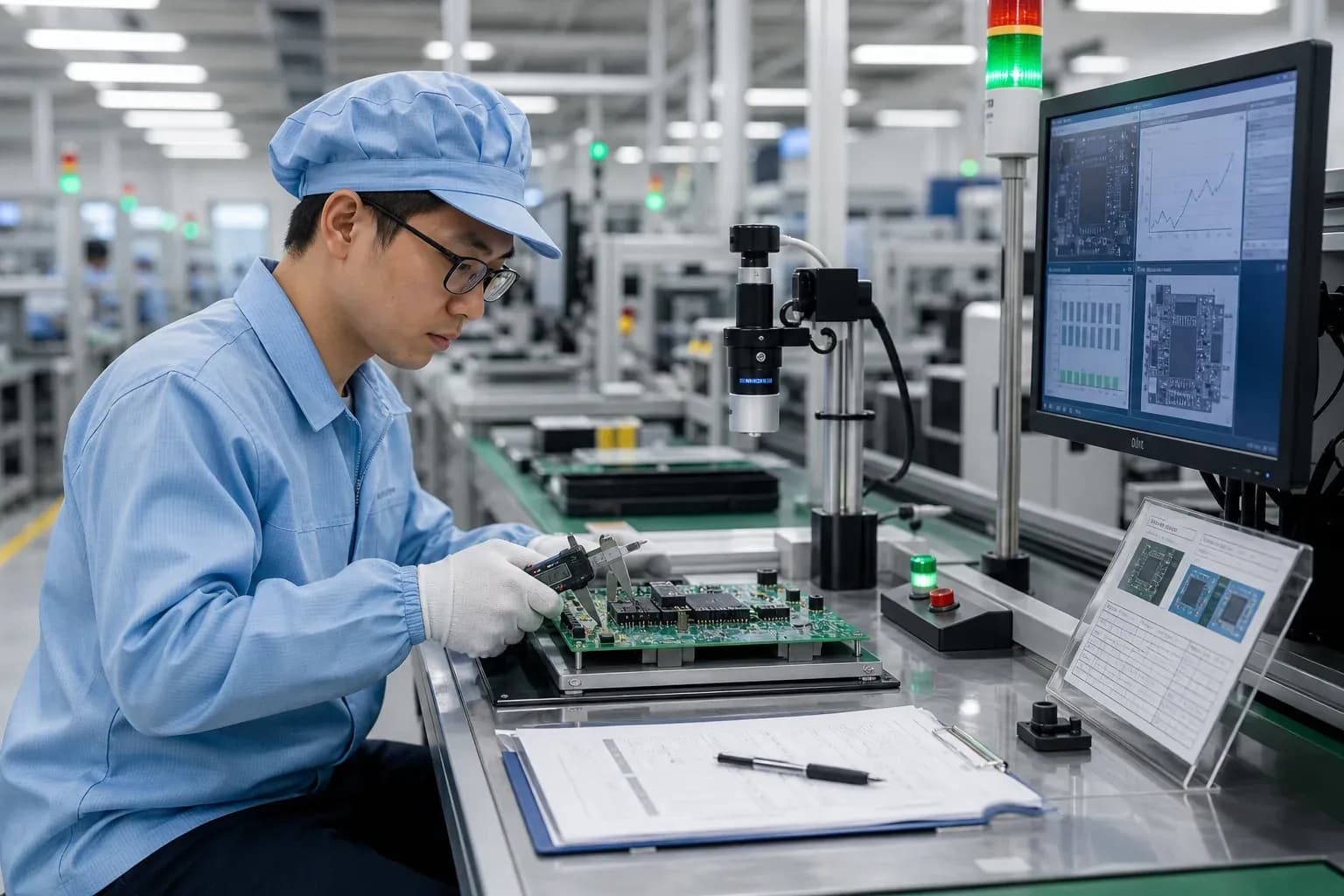 image-placeholder-2: Manufacturing quality control checkpoint with inspection equipment and verification processes, emphasizing measurable standards and accountability